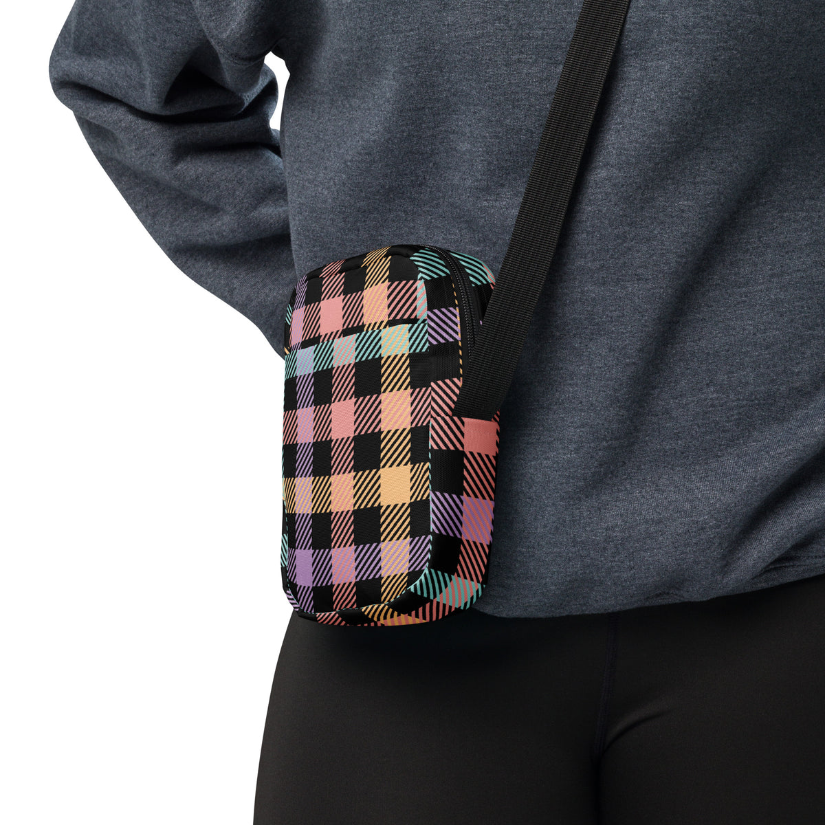 Black Colorful Plaid Crossbody Bag – Water Resistant Mini Purse With Adjustable Strap & Pockets