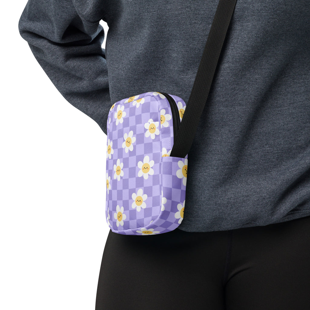 Purple Daisy Checkered Crossbody Bag – Water Resistant Mini Purse With Adjustable Strap & Pockets