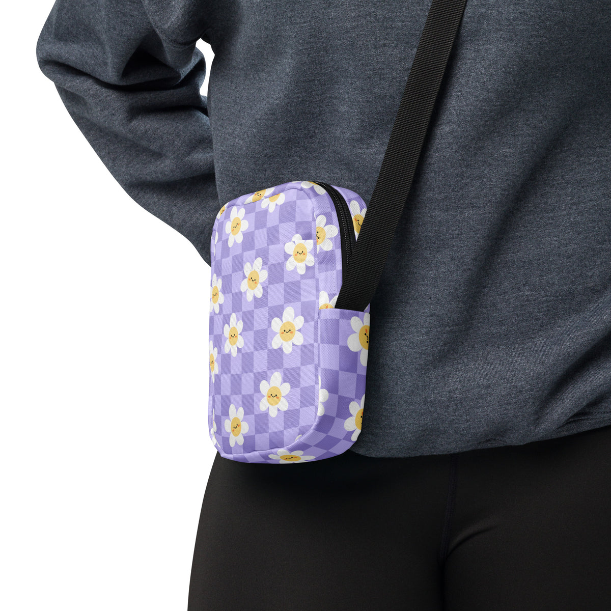 Purple Daisy Checkered Crossbody Bag – Water Resistant Mini Purse With Adjustable Strap & Pockets