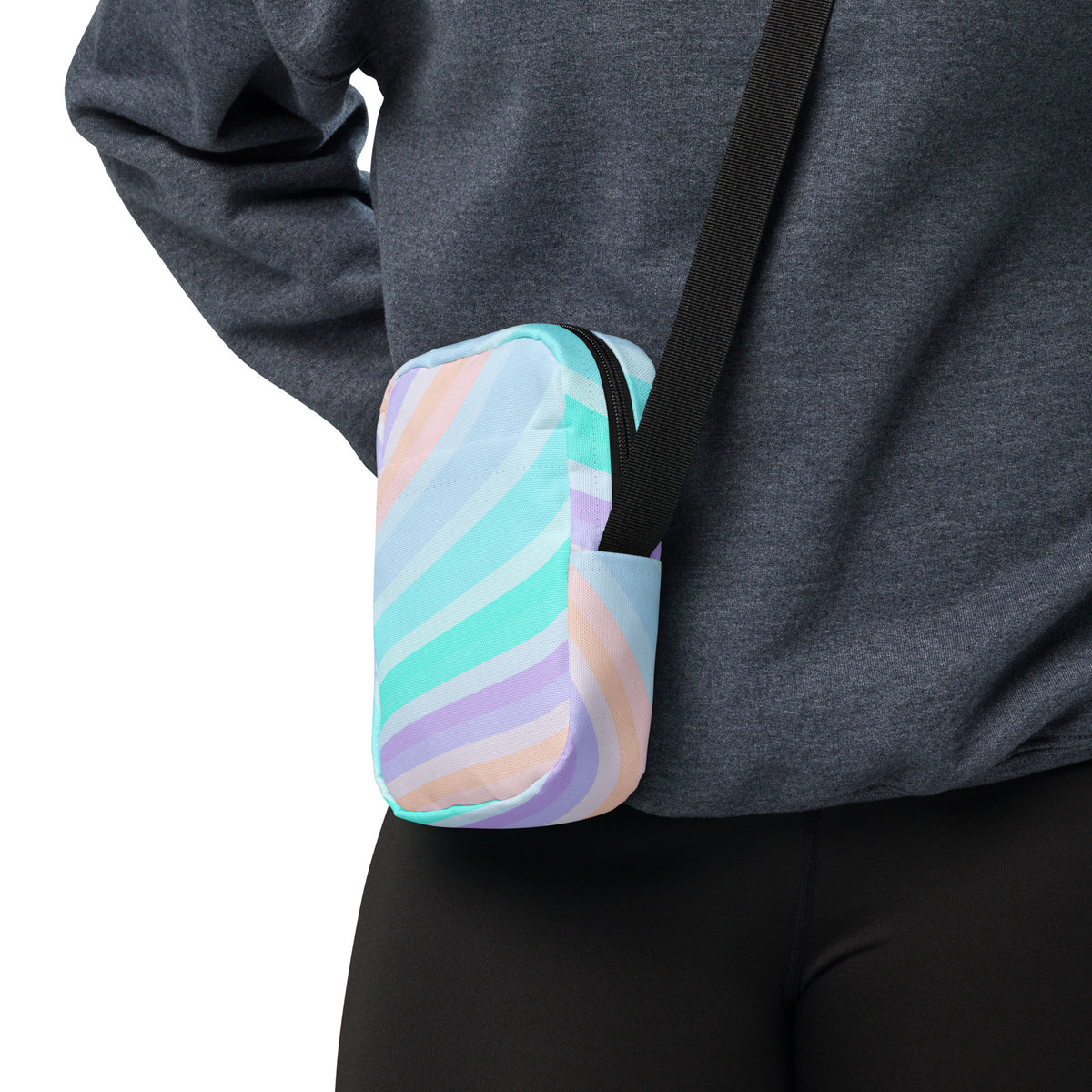 Striped Blue, Purple, & Aqua Crossbody Bag – Water Resistant Mini Purse With Adjustable Strap & Pockets