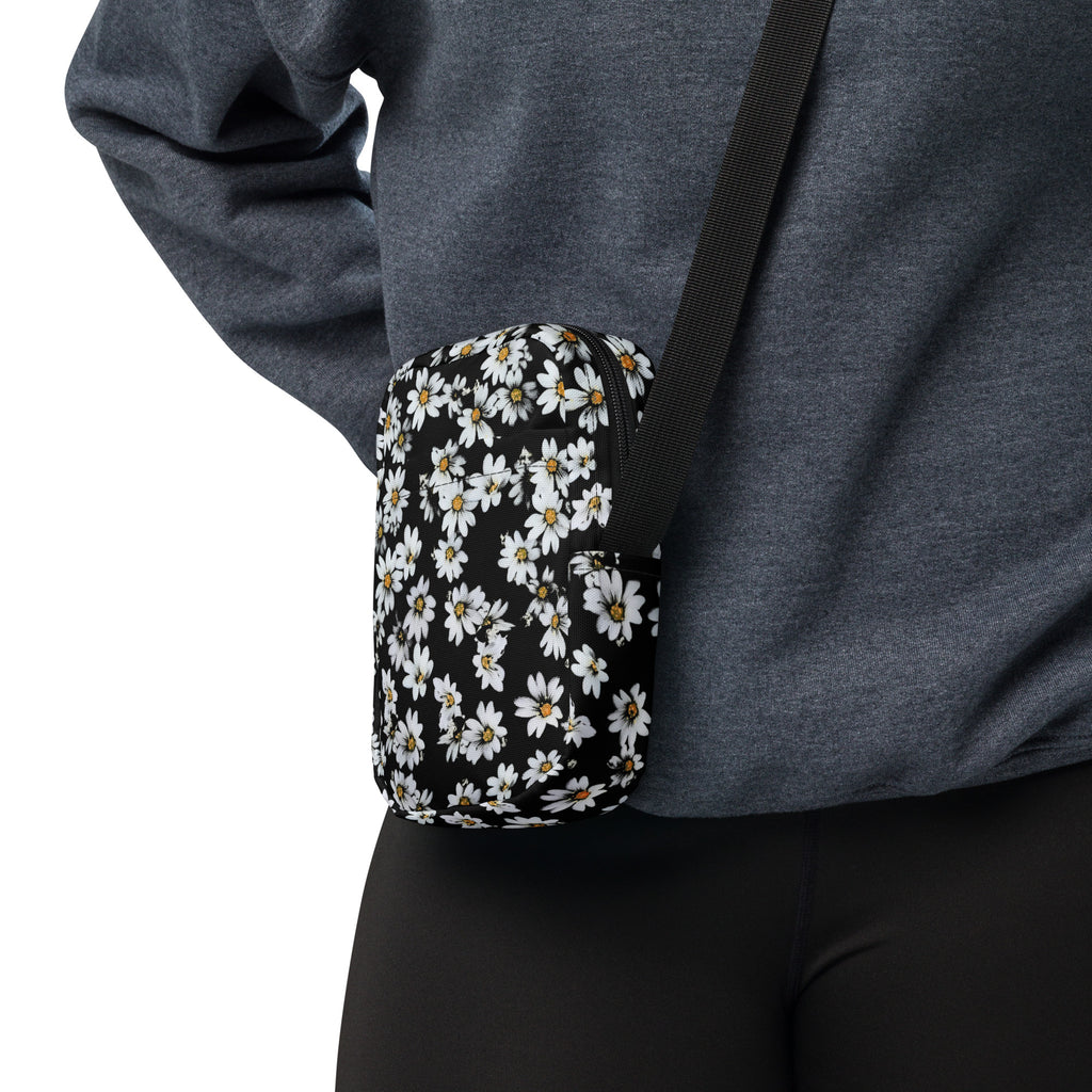 Black Daisy Crossbody Bag – Water Resistant Mini Purse With Adjustable Strap & Pockets