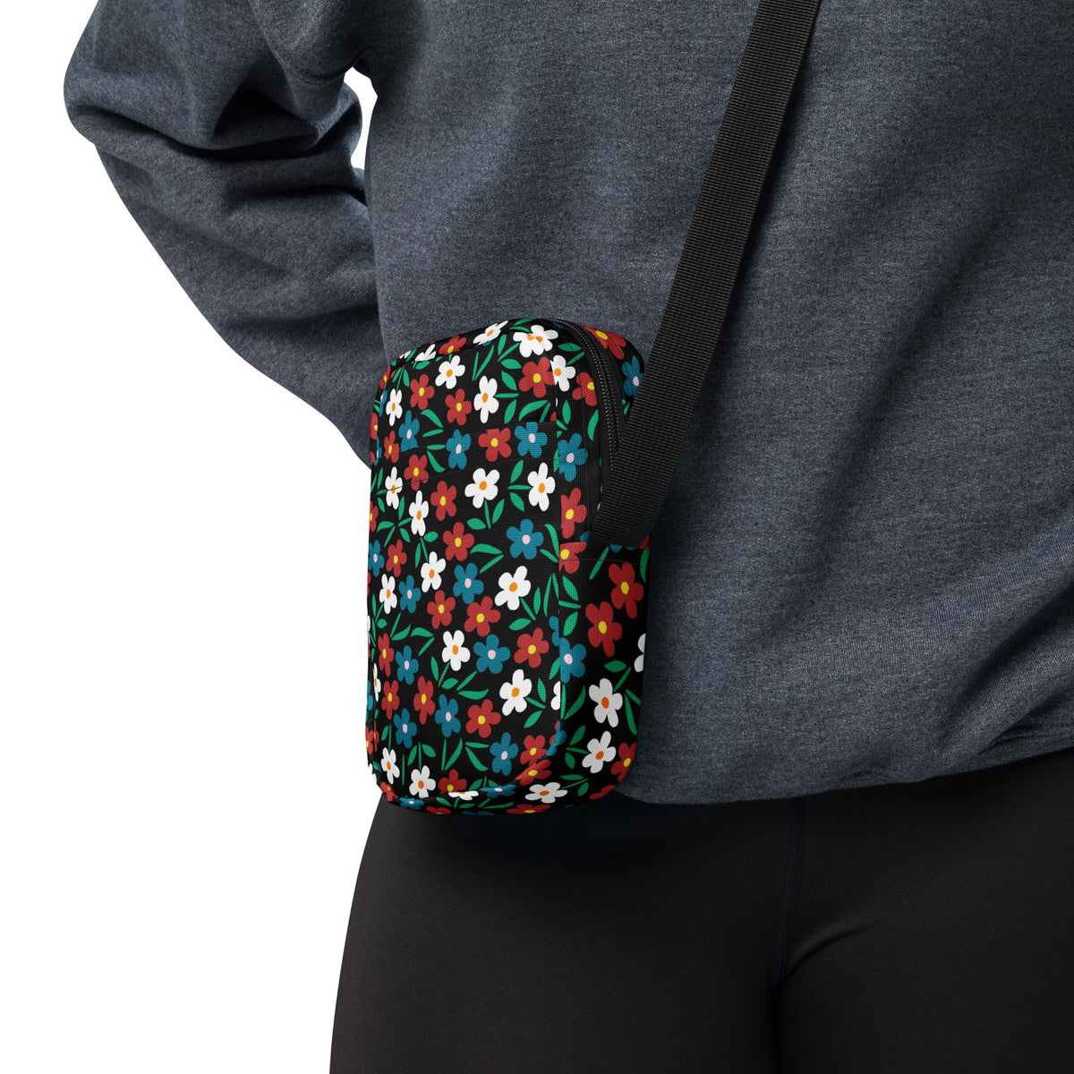 Black Wildflower Crossbody Bag – Water Resistant Mini Purse With Adjustable Strap & Pockets
