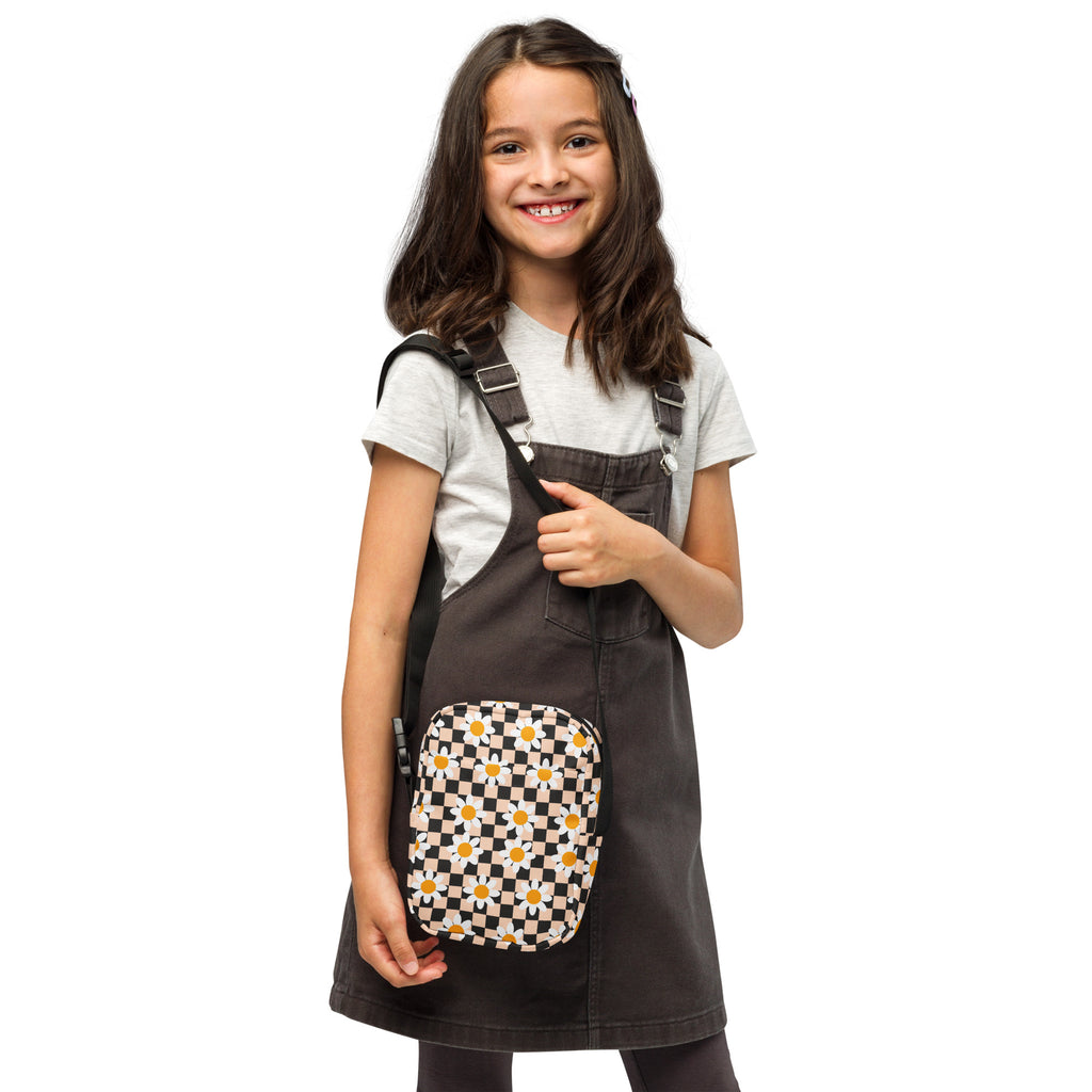 Girls Daisy Checkered Crossbody Bag – Water Resistant Mini Purse With Adjustable Strap & Pockets