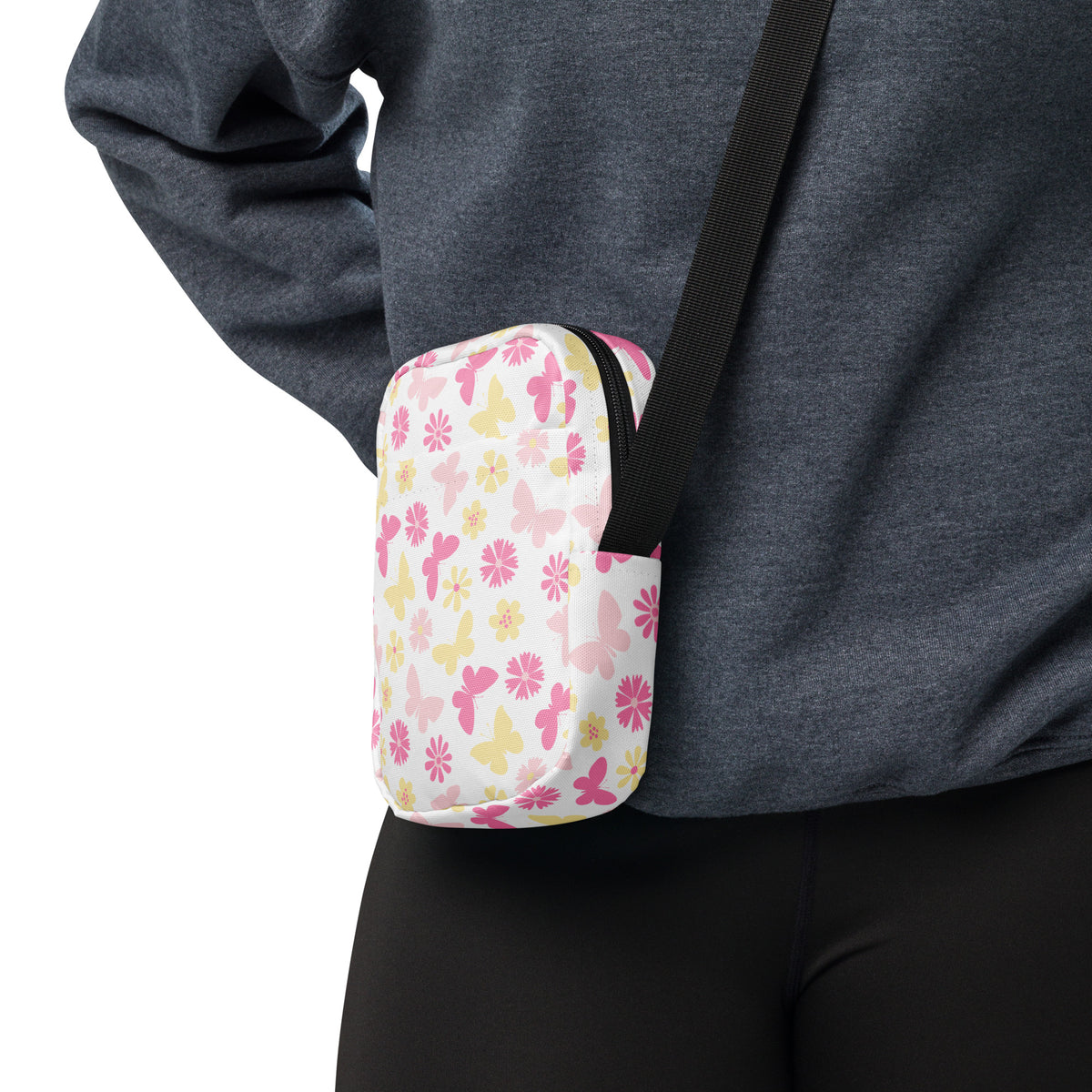 Pink Butterfly & Flower Crossbody Bag – Water Resistant Mini Purse With Adjustable Strap & Pockets