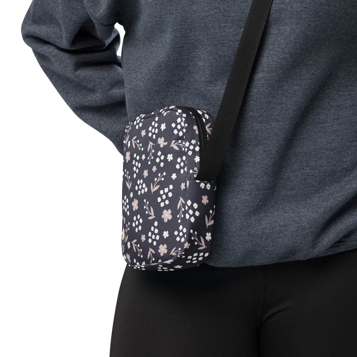 Charcoal Floral Crossbody Bag – Water Resistant Mini Purse With Adjustable Strap & Pockets
