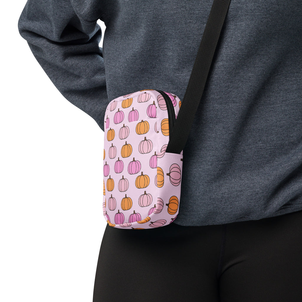 Pink Pumpkin Patch Crossbody Bag – Water Resistant Mini Purse With Adjustable Strap & Pockets
