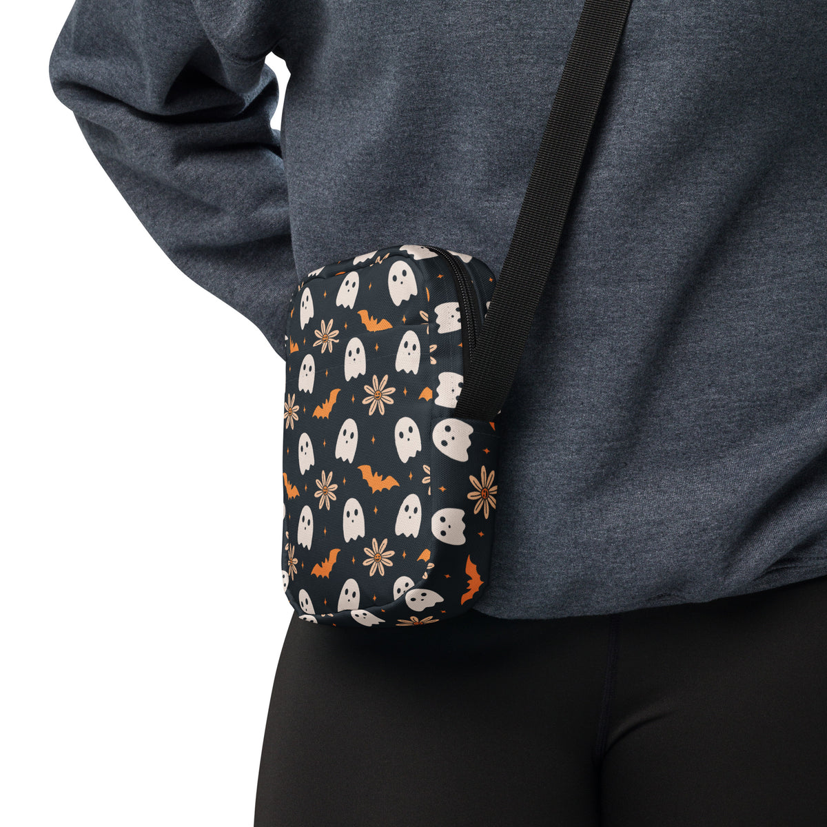 Floral Ghost & Bat Halloween Crossbody Bag – Water Resistant Mini Purse With Adjustable Strap & Pockets