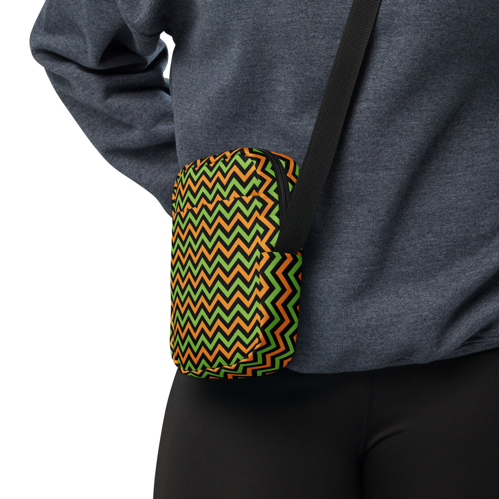 Orange & Green Chevron Halloween Crossbody Bag – Water Resistant Mini Purse With Adjustable Strap & Pockets