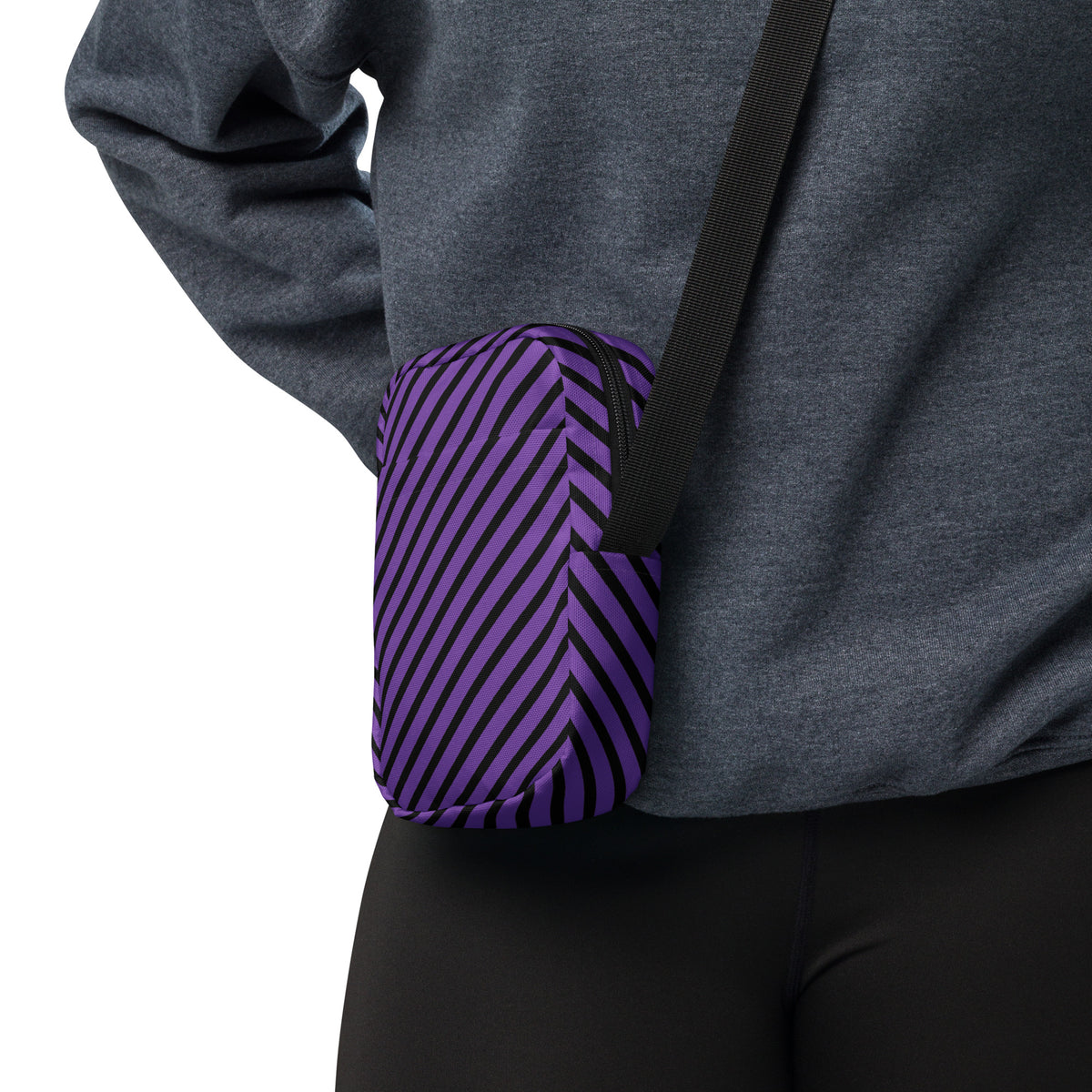 Purple & Black Striped Halloween Crossbody Bag – Water Resistant Mini Purse With Adjustable Strap & Pockets