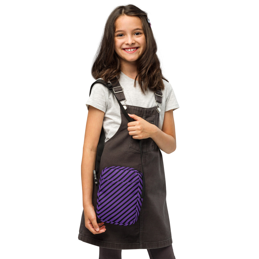 Girls Purple & Black Striped Halloween Crossbody Bag – Water Resistant Mini Purse With Adjustable Strap & Pockets