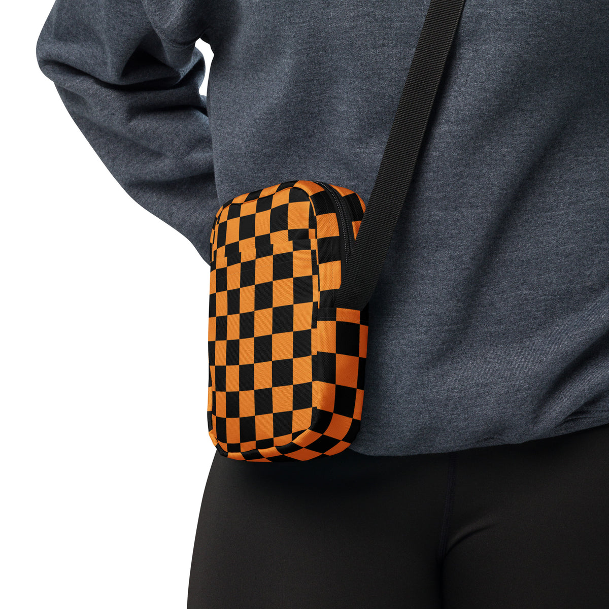 Orange Checkered Halloween Crossbody Bag – Water Resistant Mini Purse With Adjustable Strap & Pockets