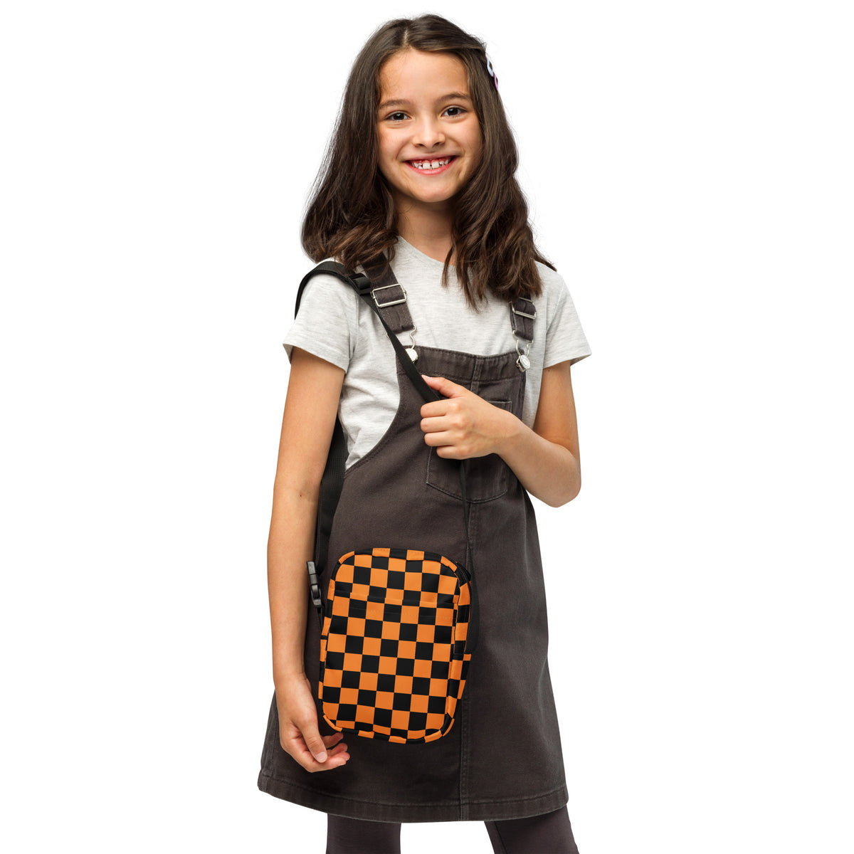 Girls Orange Checkered Halloween Crossbody Bag – Water Resistant Mini Purse With Adjustable Strap & Pockets