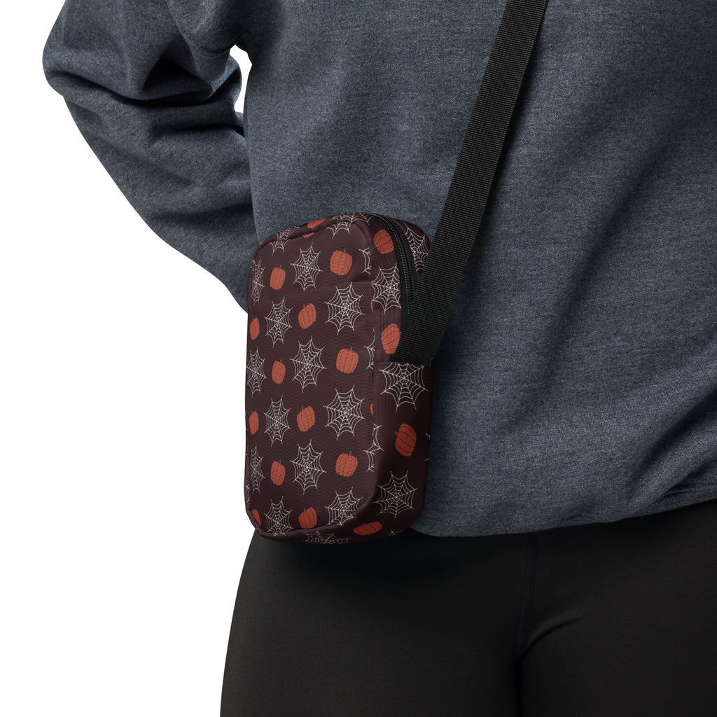 Pumpkin Spiderweb Halloween Crossbody Bag – Water Resistant Mini Purse With Adjustable Strap & Pockets