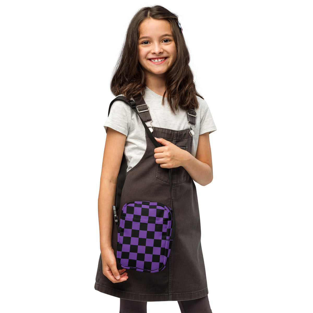 Girls Purple Checkered Halloween Crossbody Bag – Water Resistant Mini Purse With Adjustable Strap & Pockets