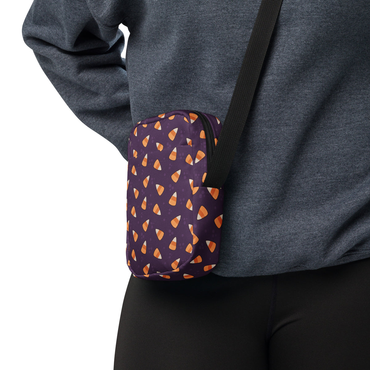 Purple Candy Corn Halloween Crossbody Bag – Water Resistant Mini Purse With Adjustable Strap & Pockets