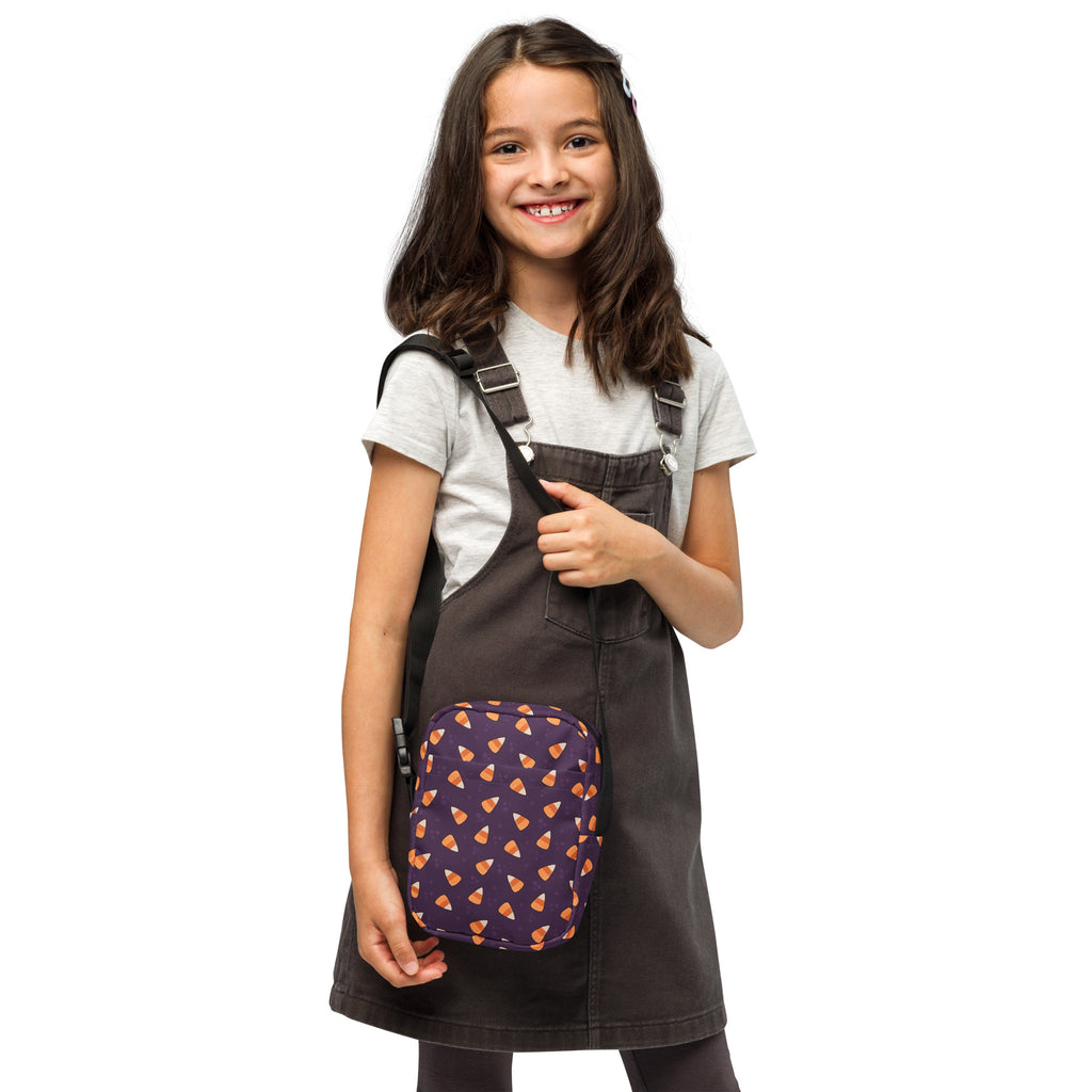 Girls Purple Candy Corn Halloween Crossbody Bag – Water Resistant Mini Purse With Adjustable Strap & Pockets
