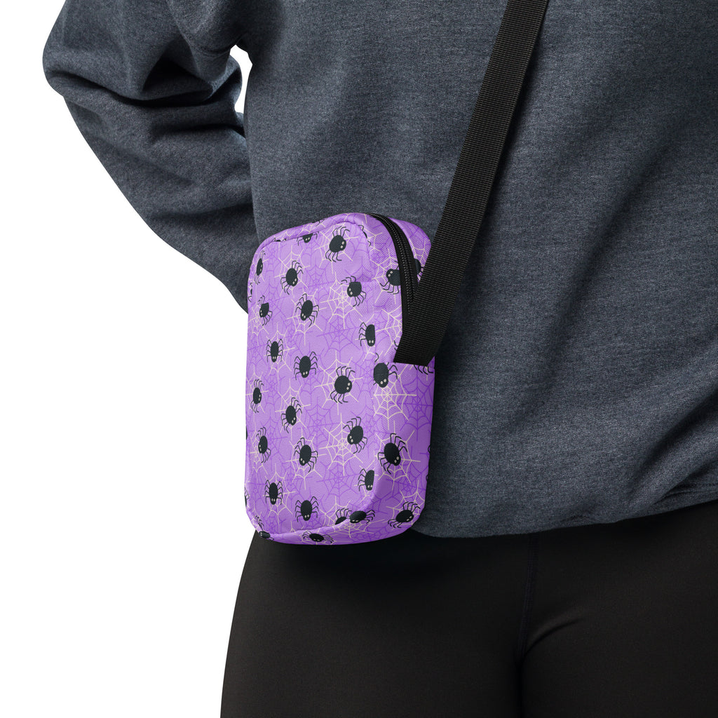 Purple Spider Web Halloween Crossbody Bag – Water Resistant Mini Purse With Adjustable Strap & Pockets