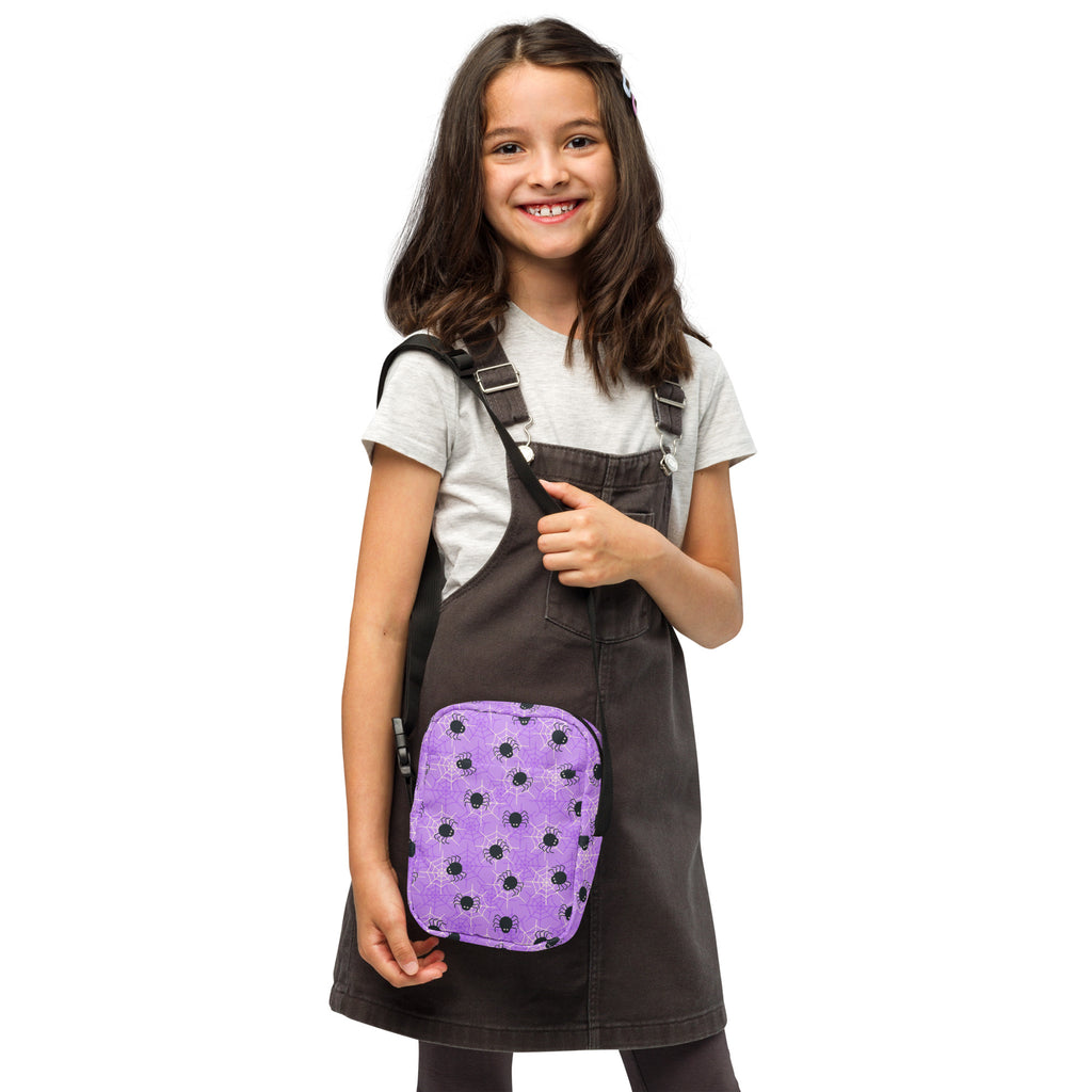 Girls Purple Spider Web Halloween Crossbody Bag – Water Resistant Mini Purse With Adjustable Strap & Pockets