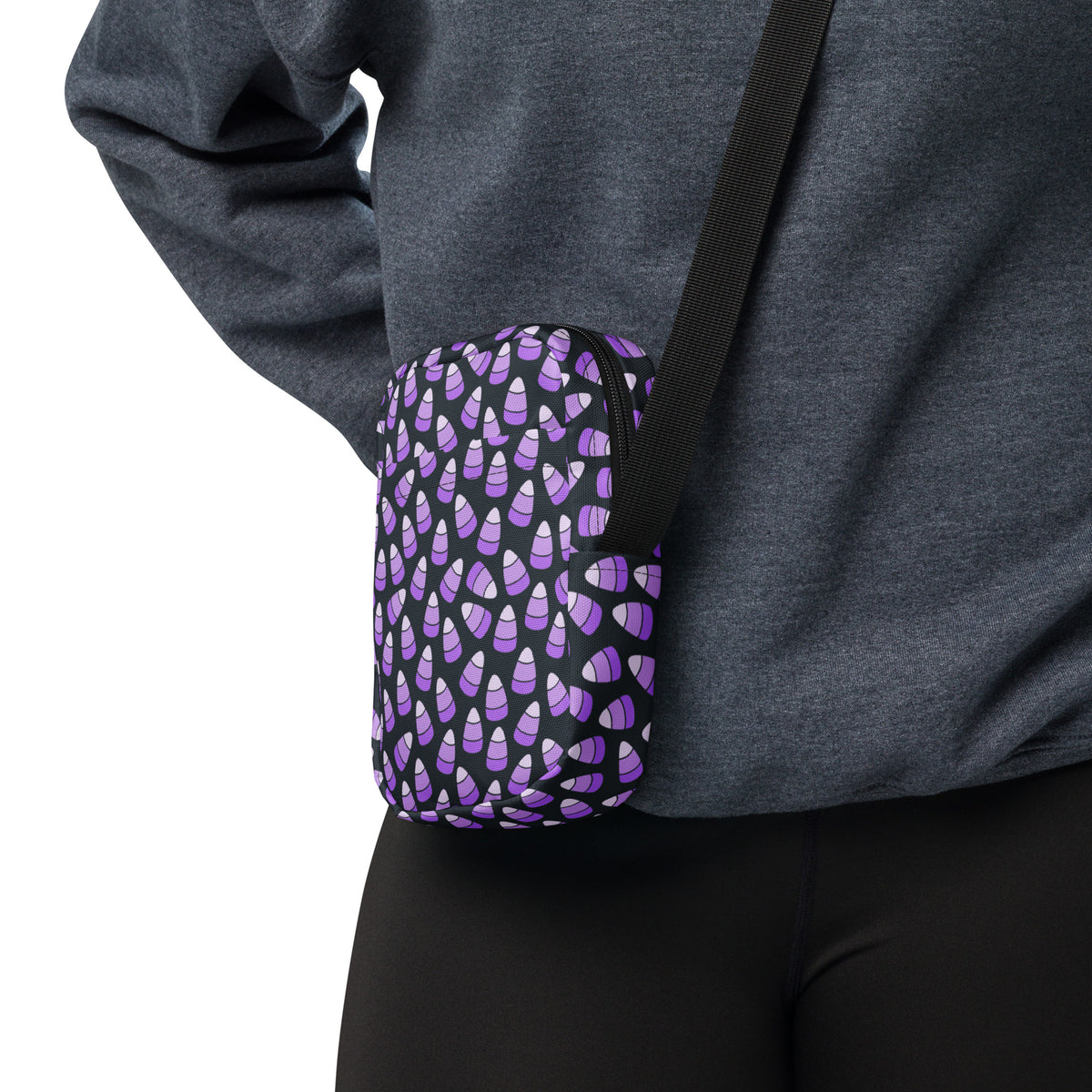 Purple Candy Corn Halloween Crossbody Bag – Water Resistant Mini Purse With Adjustable Strap & Pockets