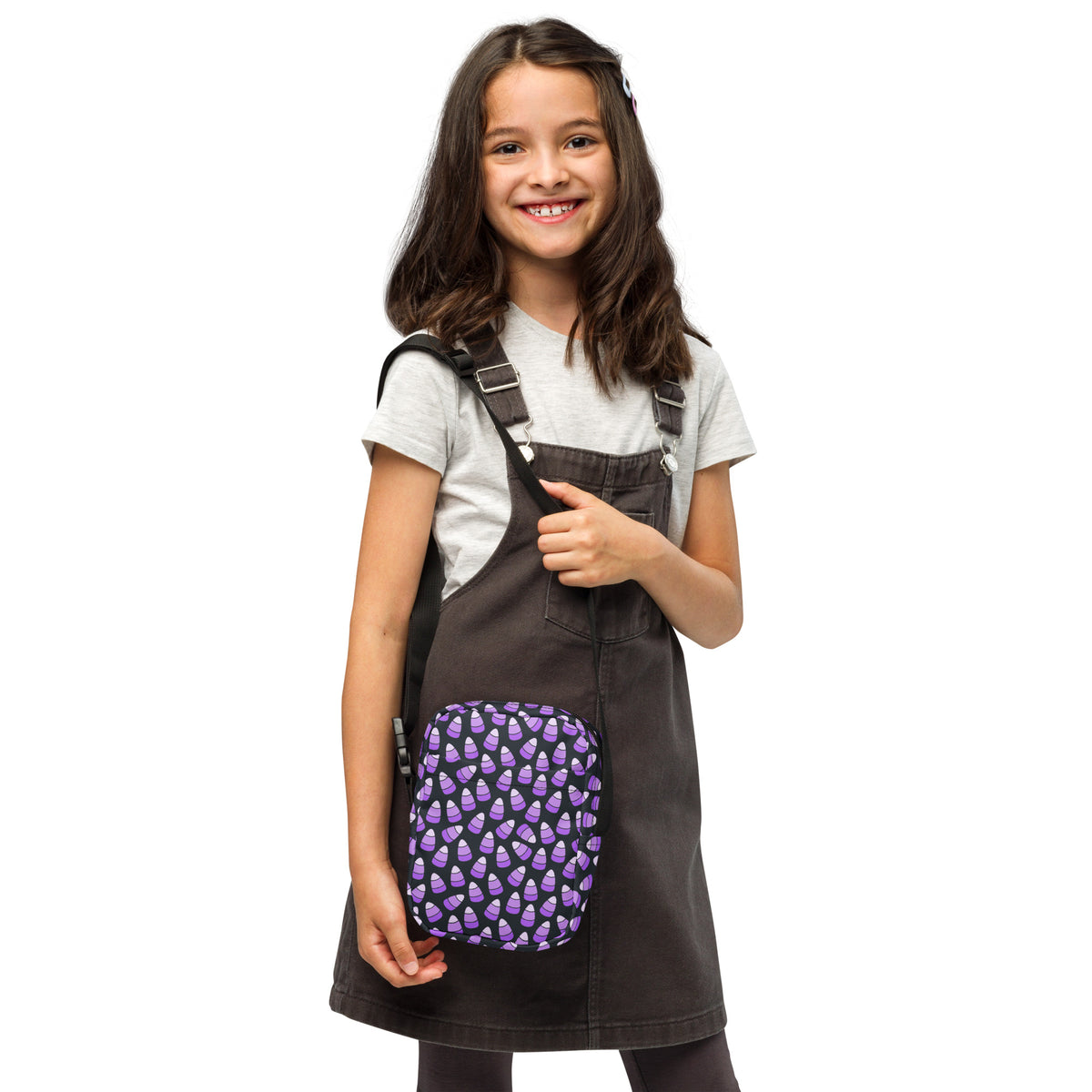 Girls Purple Candy Corn Halloween Crossbody Bag – Water Resistant Mini Purse With Adjustable Strap & Pockets