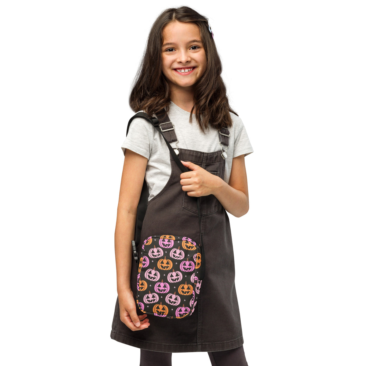 Girls Pink & Orange Pumpkin Halloween Crossbody Bag – Water Resistant Mini Purse With Adjustable Strap & Pockets
