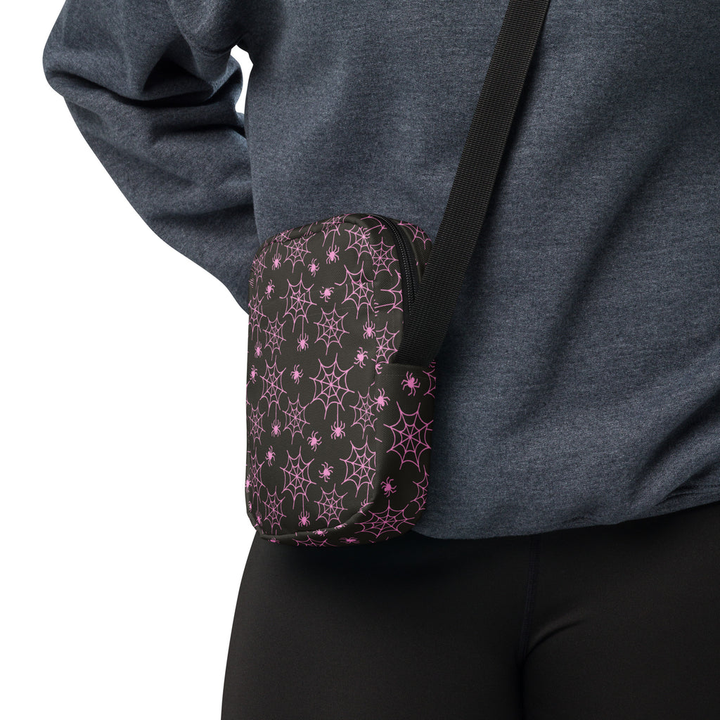 Pink Spider Web Halloween Crossbody Bag – Water Resistant Mini Purse With Adjustable Strap & Pockets