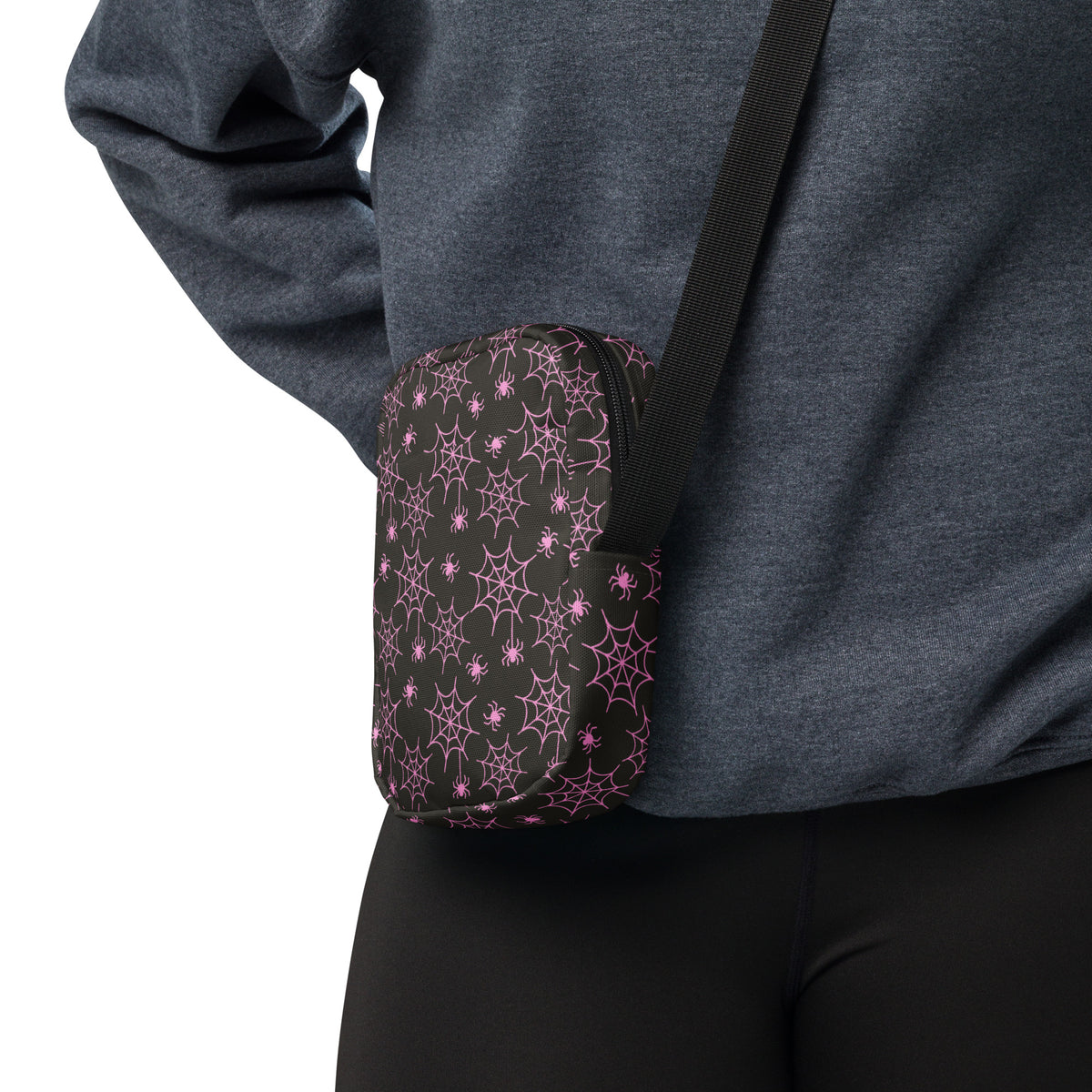 Pink Spider Web Halloween Crossbody Bag – Water Resistant Mini Purse With Adjustable Strap & Pockets