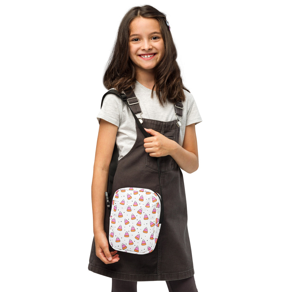 Girls Pink Orange Candy Corn Halloween Crossbody Bag – Water Resistant Mini Purse With Adjustable Strap & Pockets