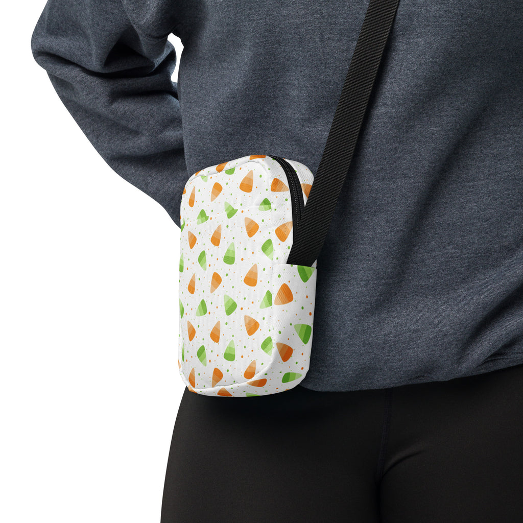 Orange & Green Candy Corn Halloween Crossbody Bag – Water Resistant Mini Purse With Adjustable Strap & Pockets