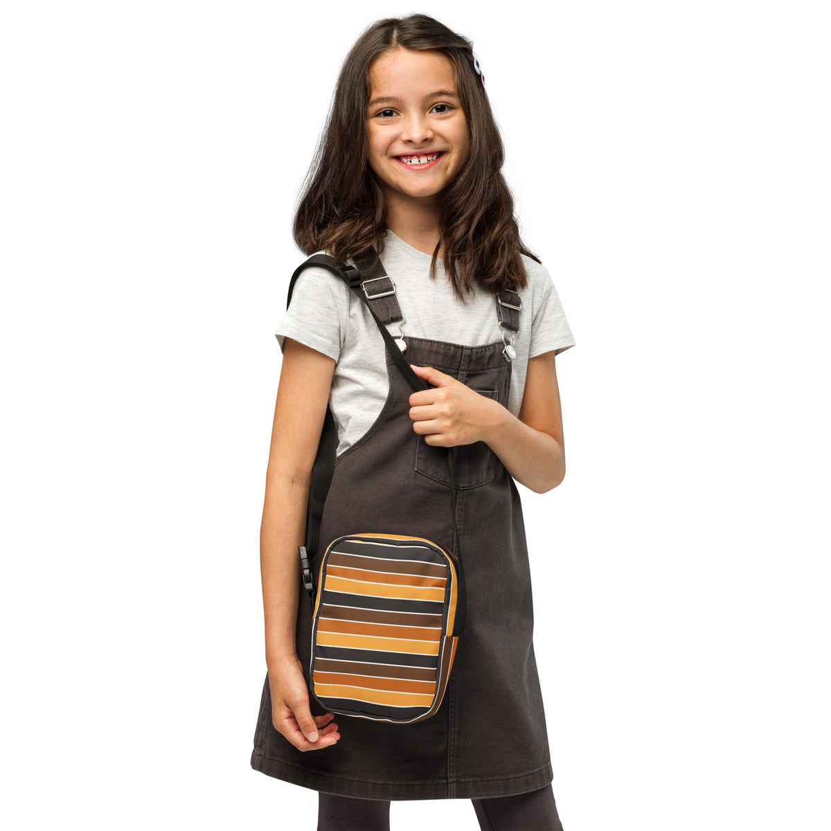 Girls Orange & Brown Striped Crossbody Bag – Water Resistant Mini Purse With Adjustable Strap & Pockets