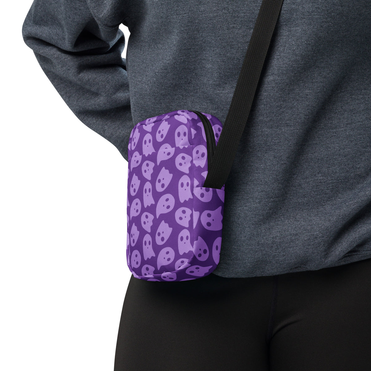 Purple Ghosts Halloween Crossbody Bag – Water Resistant Mini Purse With Adjustable Strap & Pockets