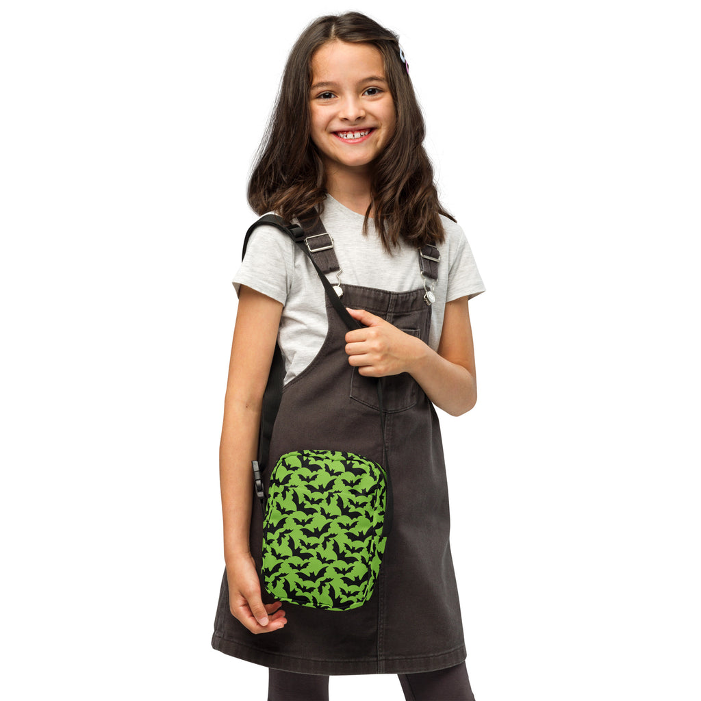 Girls Green Bats Halloween Crossbody Bag – Water Resistant Mini Purse With Adjustable Strap & Pockets