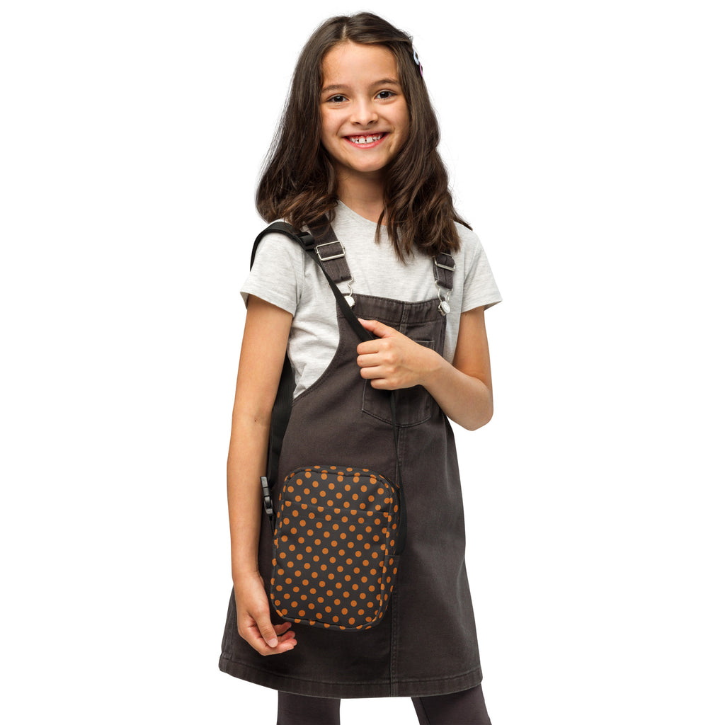 Girls Dark Brown Polka Dot Halloween Crossbody Bag – Water Resistant Mini Purse With Adjustable Strap & Pockets