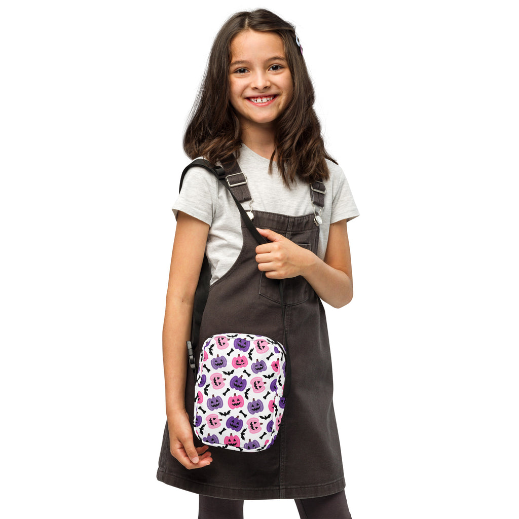 Girls Pink & Purple Pumpkin Halloween Crossbody Bag – Water Resistant Mini Purse With Adjustable Strap & Pockets