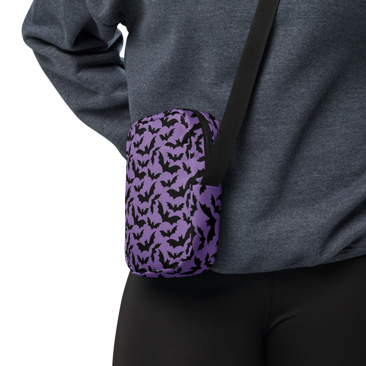 Dark Purple Bats Halloween Crossbody Bag – Water Resistant Mini Purse With Adjustable Strap & Pockets