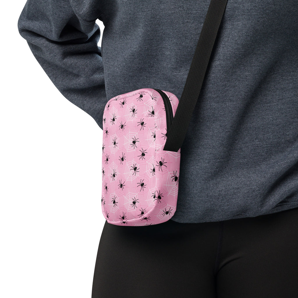 Pink Spiderweb Halloween Crossbody Bag – Water Resistant Mini Purse With Adjustable Strap & Pockets