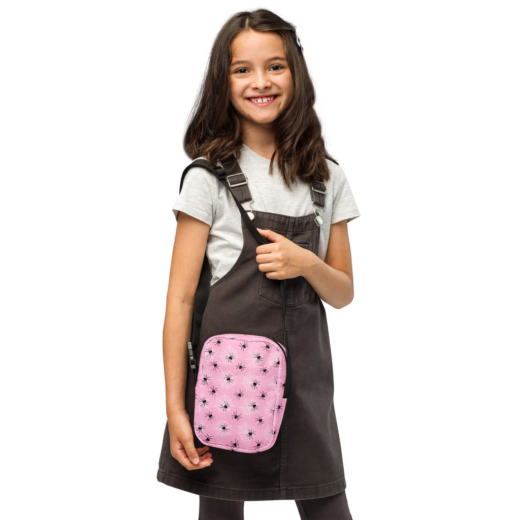 Girls Pink Spiderweb Halloween Crossbody Bag – Water Resistant Mini Purse With Adjustable Strap & Pockets