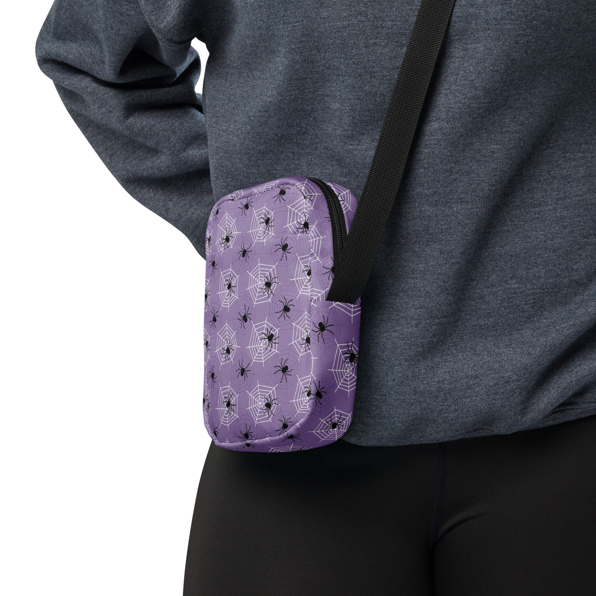 Dark Purple Spider Web Halloween Crossbody Bag – Water Resistant Mini Purse With Adjustable Strap & Pockets