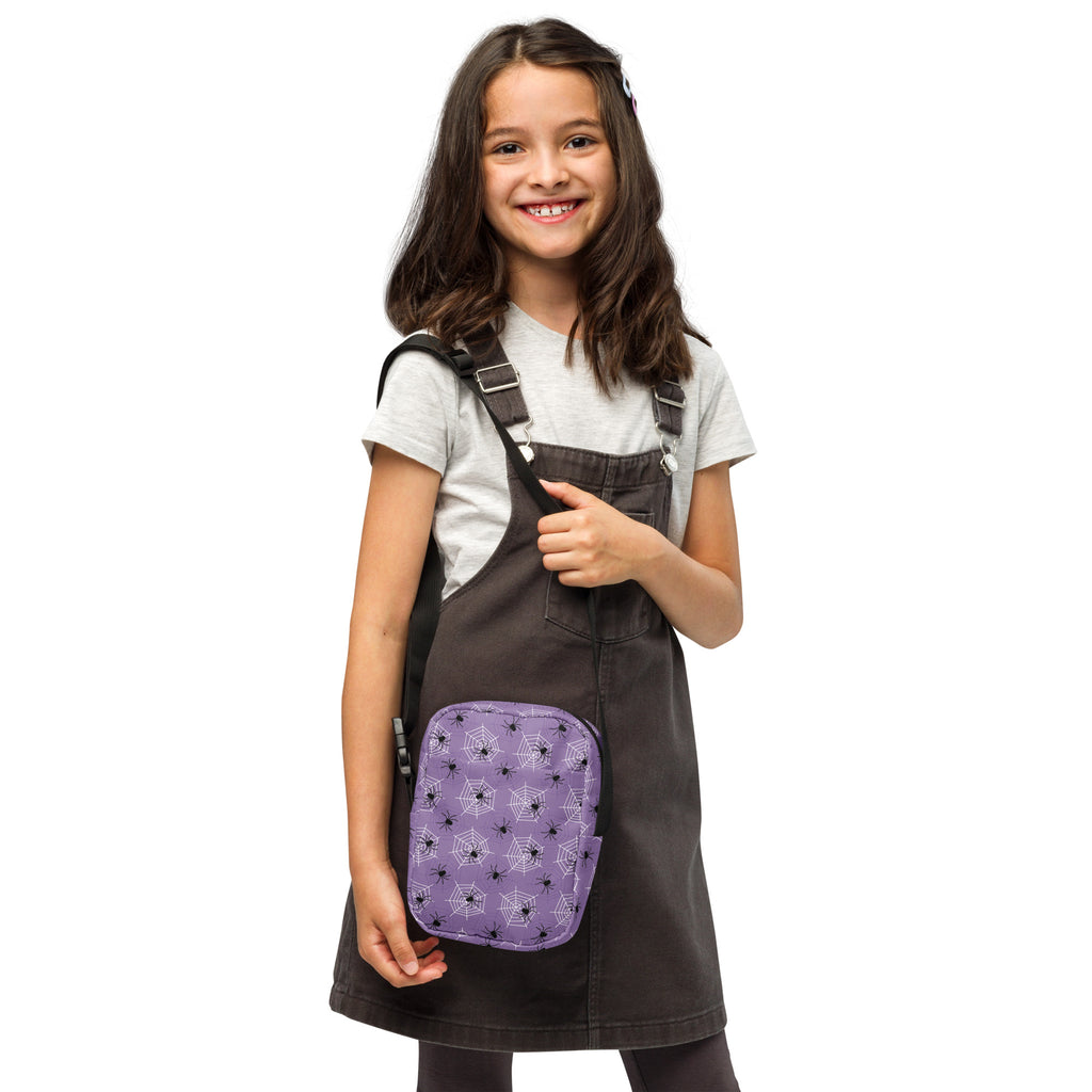 Girls Dark Purple Spider Web Halloween Crossbody Bag – Water Resistant Mini Purse With Adjustable Strap & Pockets