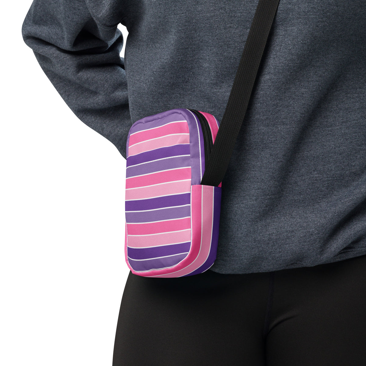 Pink Purple Striped Crossbody Bag – Water Resistant Mini Purse With Adjustable Strap & Pockets