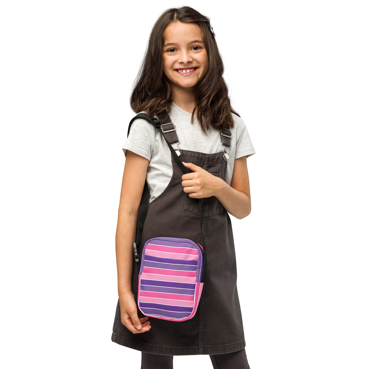 Girls Pink Purple Striped Crossbody Bag – Water Resistant Mini Purse With Adjustable Strap & Pockets