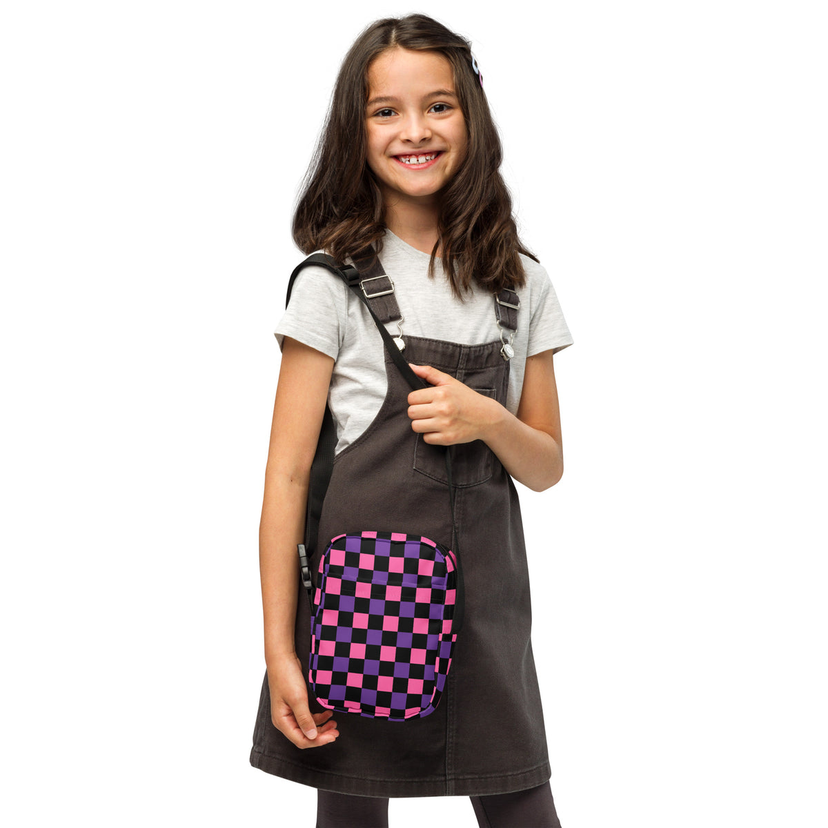 Girls Pink & Purple Checkered Halloween Crossbody Bag – Water Resistant Mini Purse With Adjustable Strap & Pockets
