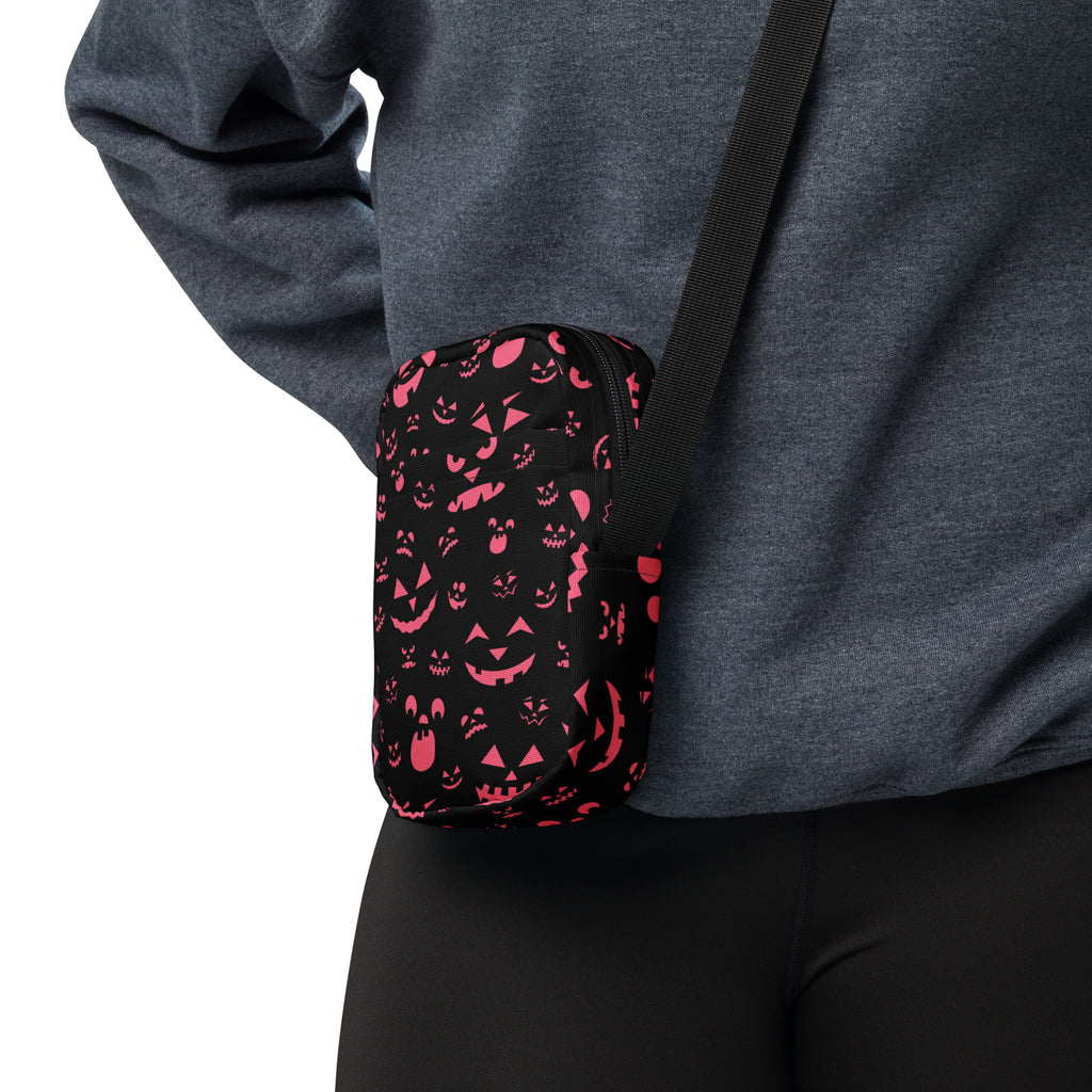 Pink Black Jack O Lantern Faces Halloween Crossbody Bag – Water Resistant Mini Purse With Adjustable Strap & Pockets