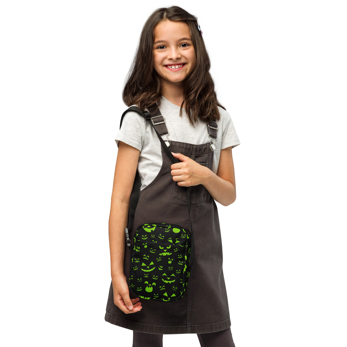 Girls Green Jack O Lantern Faces Halloween Crossbody Bag – Water Resistant Mini Purse With Adjustable Strap & Pockets