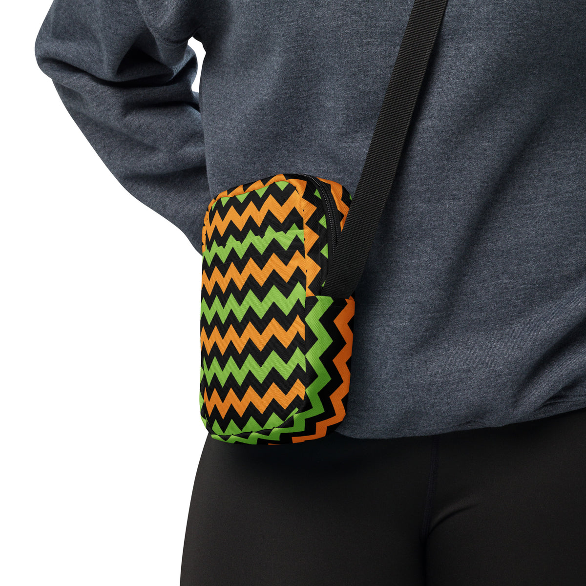 Orange & Green Chevron Halloween Crossbody Bag – Water Resistant Mini Purse With Adjustable Strap & Pockets