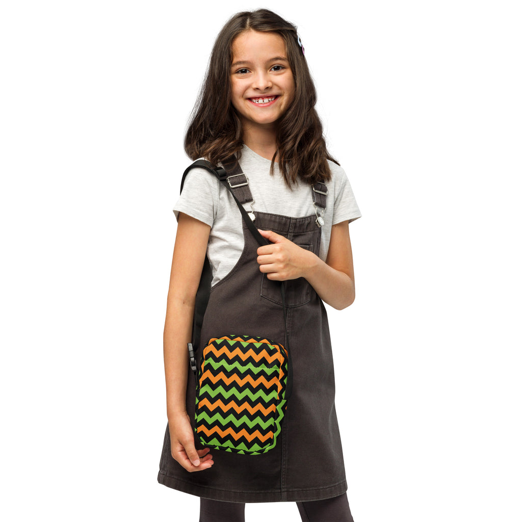 Girls Orange & Green Chevron Halloween Crossbody Bag – Water Resistant Mini Purse With Adjustable Strap & Pockets
