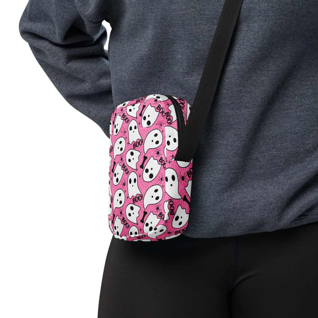 Pink Ghosts & Spiderwebs Halloween Crossbody Bag – Water Resistant Mini Purse With Adjustable Strap & Pockets