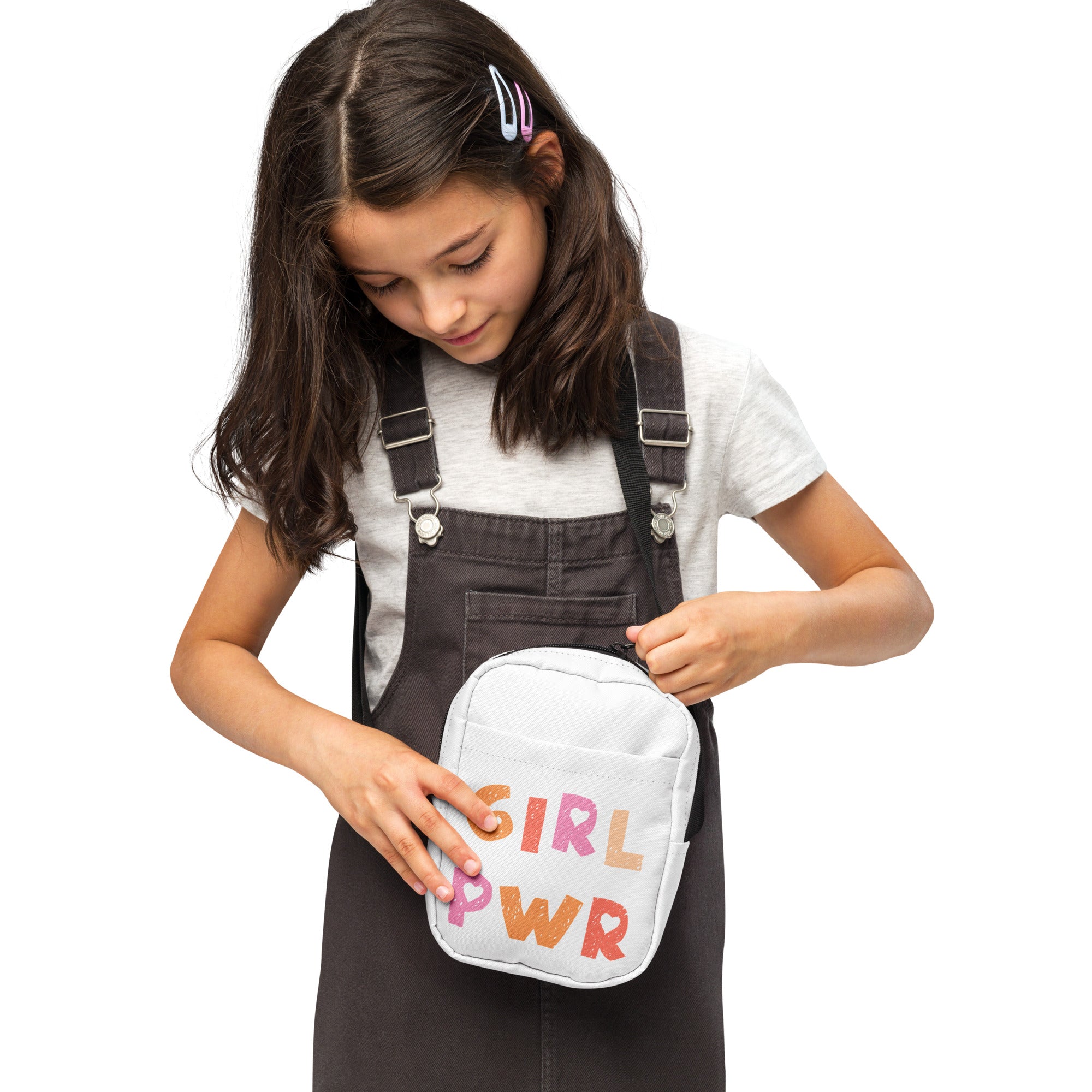White crossbody bag made of faux leather with colorful girl pwr print for kids in the girl power collection