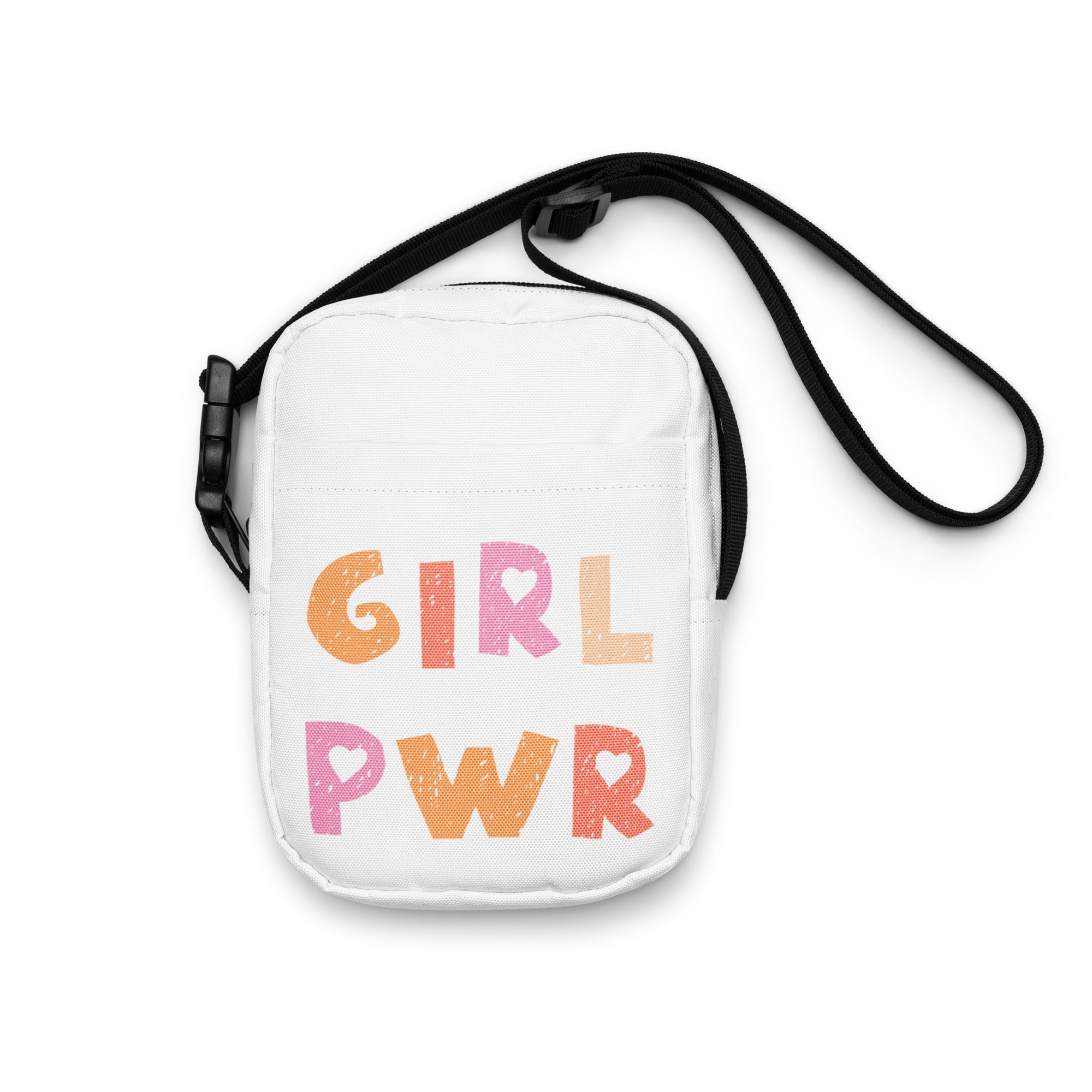 White girl power kids crossbody purse with orange and pink lettering and heart accents on the letters, casual bag