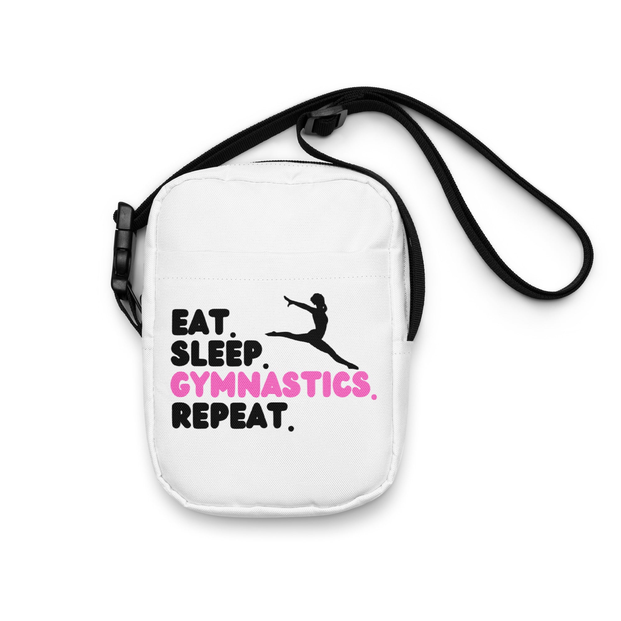 White canvas girls crossbody bag with black and pink eat sleep gymnastics repeat design for everyday use